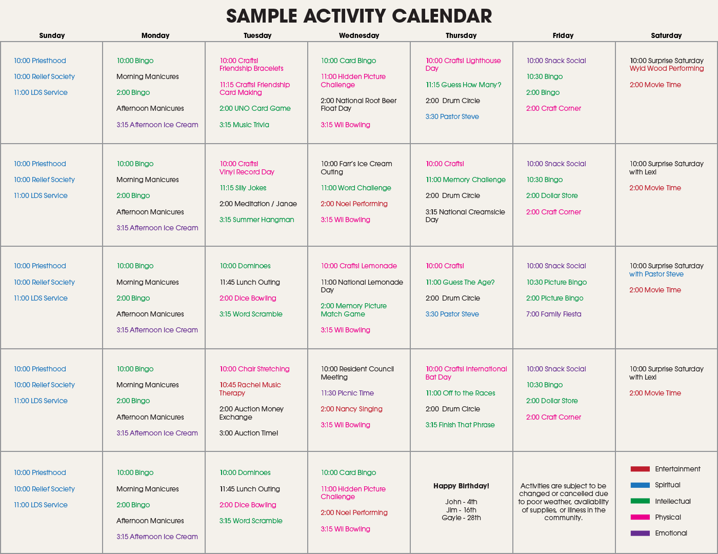 Sample Activity Calendar
